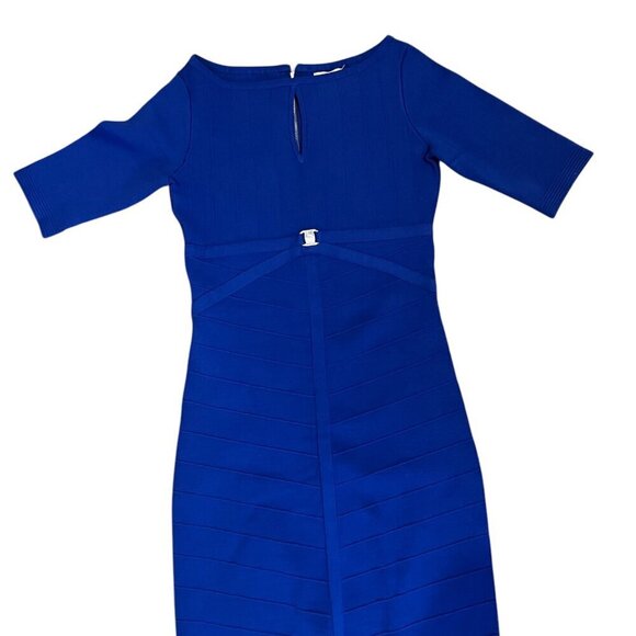 Cache Womens Sheath Dress Elbow Sleeve Keyhole Neck Ribbed Belted Blue Size XS - Picture 4 of 11